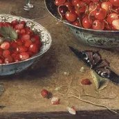 Osias Beert. Stillleben mit Kirschen und Erdbeeren in Porzellanschüsseln (Detail), 1608