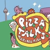 Ein Comic, auf dem eine Pizza zu sehen ist mit dem Titel der Veranstaltung und Comicfiguren, die um die Pizza herumstehen und Stücke abziehen