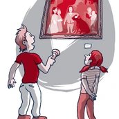 Illustration: Taschenlampenführung durch das Schlossmuseum Oranienburg: Ein Junge und ein Mädchen stehen vor einem Gemälde und leuchten es mit einer Taschenlampe an