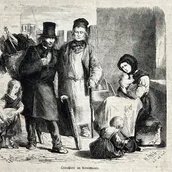 Zeichnung zweier ärmlich gekleideter Männer, zweier Kinder und einer Frau mit Säugling