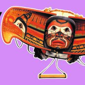 Collage mit einer Maske der kanadischen First Nation Kwakwaka`wakw