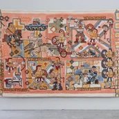 Lillian Morrissey, Achilles Drags Hectors Body Across the Battlefield, 2023 Stickerei und Mixed Media auf Panama-Baumwolle