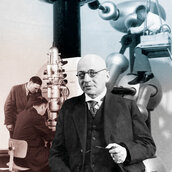 Collage: Wissenschaft in Berlin-Dahlem. Der Chemiker und Nobelpreisträger Fritz Haber (1868-1934), Ernst Ruska (1906-1988) am Elektronenmikroskop, Kaskadengenerator im Kaiser-Wilhelm-Institut für Physik, 1940er-Jahre
