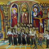 Chor singt in Kirche, gemalt.