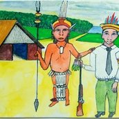 Zeichnung "Die Trennung der Indigenen und Weißen" des Desana-Künstlers Feliciano Pimentel Lana Sibé, V B 20049