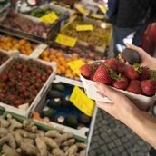 Obst- und Gemüsestand auf einem Wochenmarkt