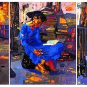 Annette Schröter, Lektüre (Triptychon), 1996, 3 x 150 x 120 cm, Öl auf Leinwand