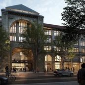 Fotografiska Berlin, Außenansicht: beleuchtetes Gebäude