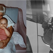 Aus dem Familienalbum: Minnie und Jonathan, Miami Beach, Florida , 1984.  Jonathan B. Small: Soldat trägt einen Jungen, Michalovce, Slovakia, 2022.