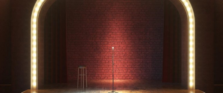 Dark empty stage with microphone. 3d render