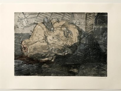 Frank Wahle, Madame Veto, Farb-Holzschnitt, 1989
