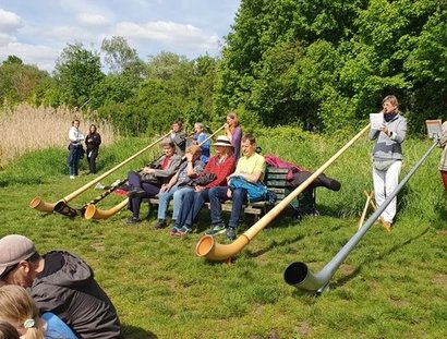 Alphornblasen auf der Wiese