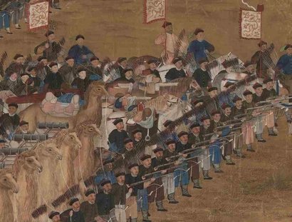 Unbekannte chinesische und europäische Hofmaler, Die Schlacht von Qurman (Fragment), Detail, Qing-Dynastie (1644 – 1911), Qianlong Ära (1736 – 1795), 1760, Hängerolle