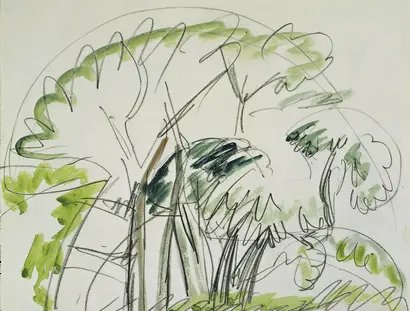 Ernst Ludwig Kirchner, Baumgruppe auf Fehmarn, 1913, Aquarell über Kreide auf Papier, Brücke-Museum