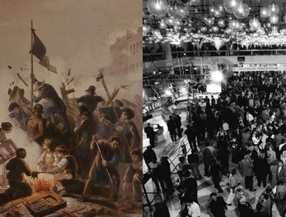 "Barrikade an der Kronen- und Friedrichstraße am 18. März 1848" und "Volkskammerwahl am 18. März 1990 im Palast der Republik" für die Podiumsdiskussion "Revolution Macht Demokratie"