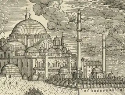Melchior Lorck, Süleymaniye Moschee von Nordost gesehen, Detail, um 1570, Holzschnitt auf Papier Staatliche Museen zu Berlin, Kupferstichkabinett / Dietmar Katz