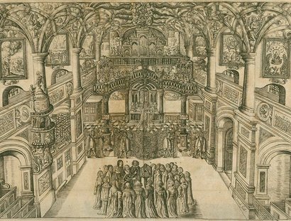 AUS DEM „GEISTREICHEN GE SANGBUCH“ (1676): DRESDNER SCHLOSSKAPELLE MIT HEINRICH SCHÜTZ IM KREISE DER KANTOREI. SEINE JOHANNES-PASSION VON 1666 WURDE IN DEN 1880ER JAHREN VON ARNOLD MENDELSSOHN NEU ARRANGIERT UND BEARBEITET.