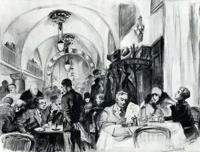 Im sogenannten „Nichtschwimmerbecken“ (die etablierten VIP-Stammtische befanden sich im „Schmwimmerbecken“) und auf der Galerie ist das Romanische Café voll besetzt. Ein Kellner versucht den Überblick zu behalten.