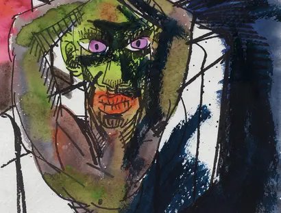 Rainer Fetting, Figur an der Mauer, 1987, Aquarell und Kreide, Blattmaß: 72 x 54 cm,