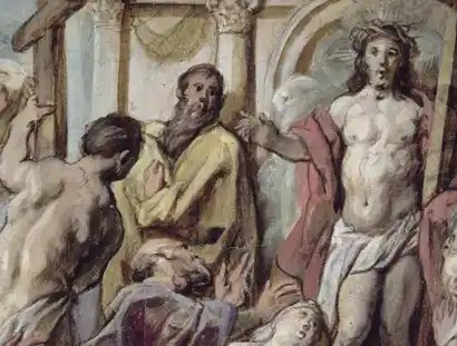 Jacob Jordaens, Christus und die reuigen Sünder, Detail, um 1630, schwarze Kreide, Pinsel in Braun und Deckfarben