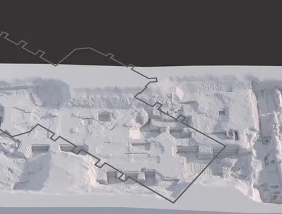3D-Modell der Ausgrabung am Petriplatz in Berlin-Mitte mit den eingezeichneten Befunden der spätgotischen Petrikirche.
