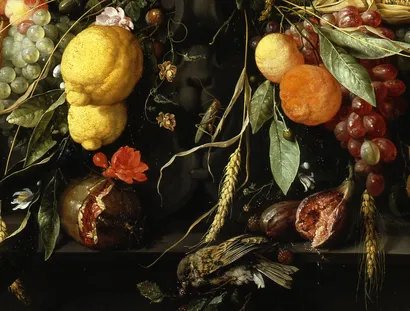 Jan Davidsz de Heem, Früchte- und Blumenkartusche mit Weinglas (Detail), 1651