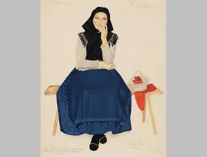 Erna Piffl (1904–1987), Strickende Donauschwäbin von der Kékespuszta bei Harta/Hartau (Ungarn), Aquarell