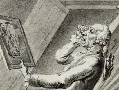 Daniel Chodowiecki, Der Kunstrichter, Detail, aus: Zeichnungen für den Physiognomischen Almanach, 1791/92, Pinsel und Feder in Grau, Schwarz und Braun