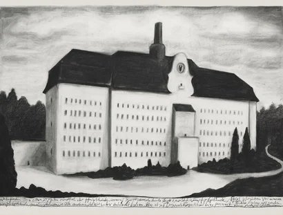 Herbert Nauderer, Das Haus des Erfinders, 2021, Kohle auf Papier 