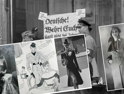 „Das Brautkleid aus Cellophan“, Dezember 1934. Eines der letzten Berliner Modelle von Erna Becker – Stolze Initialen: Kleid mit Messingmonogramm von Richard Goetz 1933 – Extravagantes Strassner-Modell, London 1940: Dunkelblauer Mantel mit scharlac...