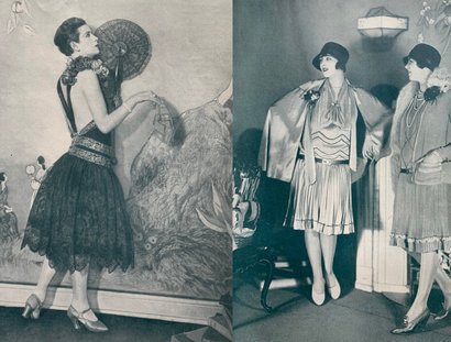 Modelle von Olga de Bayer in ihrem Salon mit Wandmalereien von Emil Orlik (Elegante Welt, 1926 und 1928)
