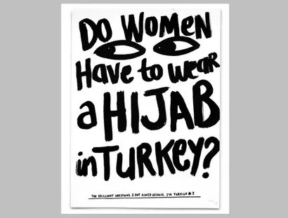 Esra Gülmen, Do Women have to Wear a Hijab in Turkey?, aus der Serie „The brilliant questions I got asked because I’m Turkish“, 2019, Tusche auf Papier
