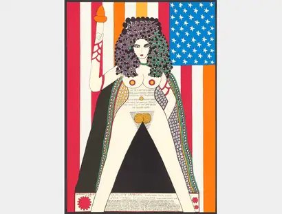 Dorothy Iannone, The Statue of Liberty, 1977, Plakat der Ausstellung „Sound Boxes, Texts, Video“ in der Studiogalerie Berlin, Siebdruck auf Papier, aus dem Archiv des Berliner Künstlerprogramm des DAAD