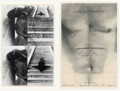 László Lakner, Ich nehme die Form der Treppe an, 1971, zweiteilig, Kohle auf Papier und Schwarz-Weiß-Fotografie