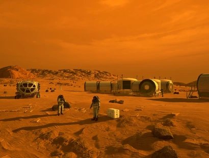 Erste Menschen auf dem Mars (2019). Künstlerische Darstellung der ersten menschlichen Forschenden auf der Marsoberfläche