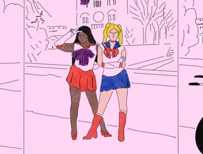Comic-Panel mit drei Bildern, das einen Mann, zwei Frauen und einen mumienartigen Mann in einem Rollstuhl zeigt