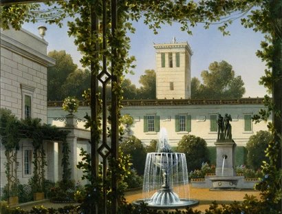 August Haun nach August Wilhelm Ferdinand Schirmer: Klein Glienicke, Gartenhof des Schlosses, 1854