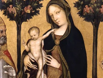 Gentile da Fabriano, Thronende Maria mit dem Kind, dem heiligen Nikolaus von Bari, der heiligen Katharina von Alexandrien und einem Stifter (Detail), um 1400/10