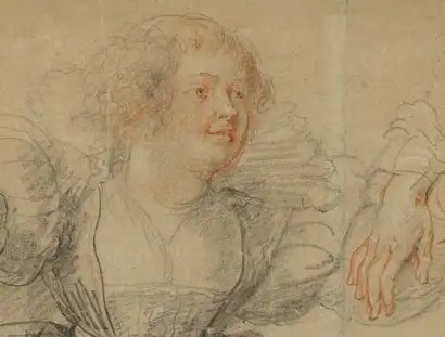 Peter Paul Rubens, Figurenstudie zum Liebesgarten, Detail, um 1631/32, schwarze Kreide, Rötel, mit weißer Kreide gehöht