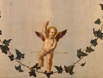 Adolf Senff: Amor auf einer zwischen Rosenbouquets hängenden Efeuranke, 1823