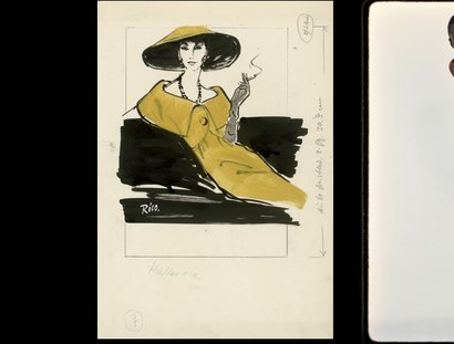 Rico Puhlmann, Bolero über schmal geschnittenem Kleid von Haller & Co., 1958, Illustration / Iman Abdulmajid mit Gold-Kleid von Mary McFadden, 1977, Farbdiapositiv