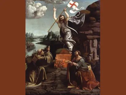 Marco d’Oggiono/Giovanni Antonio Boltraffio, Die Auferstehung Christi mit den Hll. Leonhard von Noblat und Lucia, 1491-1494