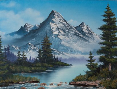 Ull Hohn, Untitled, 1993. Öl auf Leinwand, 45,5 x 61 cm: Berglandschaft hinter einem Fluss