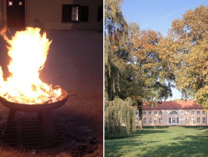 Feuerschale und Außenansicht von Schloss Paretz