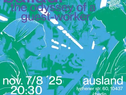 Zeichnung von 2 Frauen im Profil, die sich an den Händen halten in blau, grün und weiß, Informationen über Performancedatum. Ort und Uhrzeit in weißen Buchstaben in der unteren Hälfte des Bildes