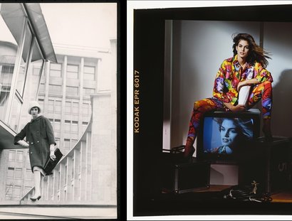 Rico Puhlmann, Roter Mantel von Lindenstaedt & Brettschneider, Kurfürstendamm (West-Berlin) 1961 / Cindy Crawford mit Seidenhemd und Leggins von Gianni Versace, 1991, Farbdiapositiv