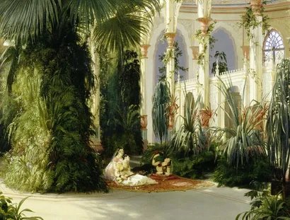 Karl Blechen: Inneres des Palmenhauses auf der Pfaueninsel, Öl auf Leinwand, 1832-1834, GK I 4054
