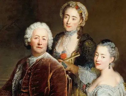 Antoine Pesne, Selbstbildnis vor der Staffelei mit den Töchtern Henriette Joyard und Marie de Rège, Öl auf Leinwand, 1754