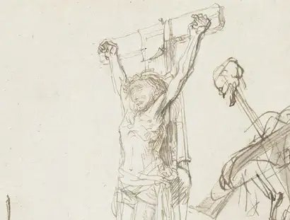 Gerbrand van den Eeckhout, Kreuzigung, Detail, um 1635/40, Feder in Braun, laviert, weiß gehöht auf Papier