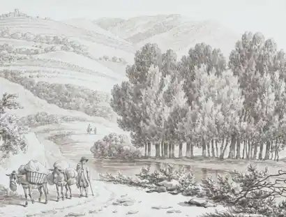 Daniël Dupré, Auf dem Weg von Tivoli nach Vicovaro, 1793, Feder und Pinsel in Braun über Vorzeichnung mit Bleistift